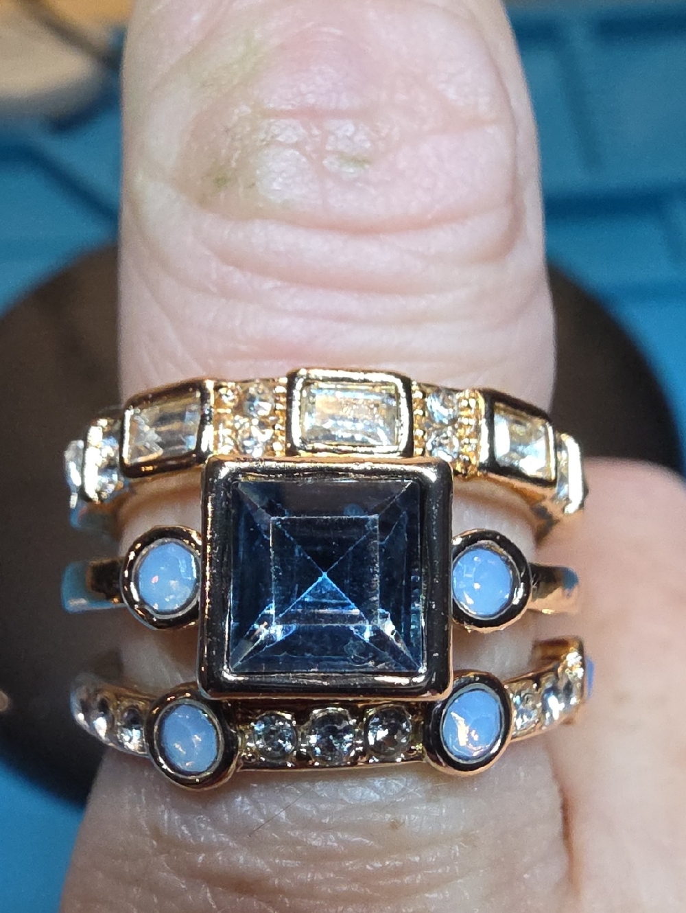Gold-Tone Ring with Square Blue Center Stone and Light Blue Accents